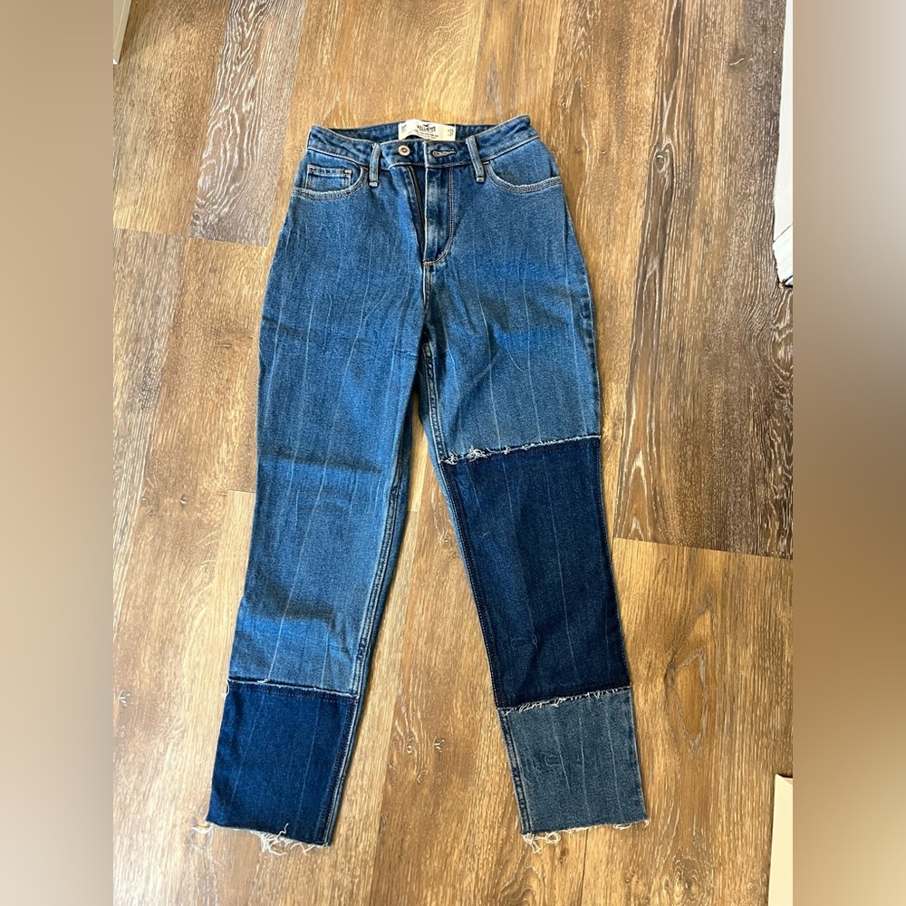 Hollister Blue Straight Leg Jeans with Unique Patchwork Design